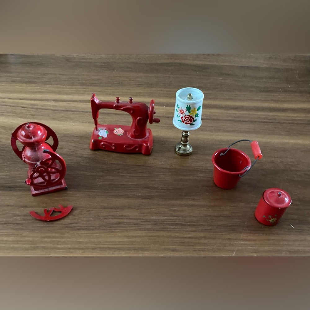 Red Miniature Sewing Machine and Accessories